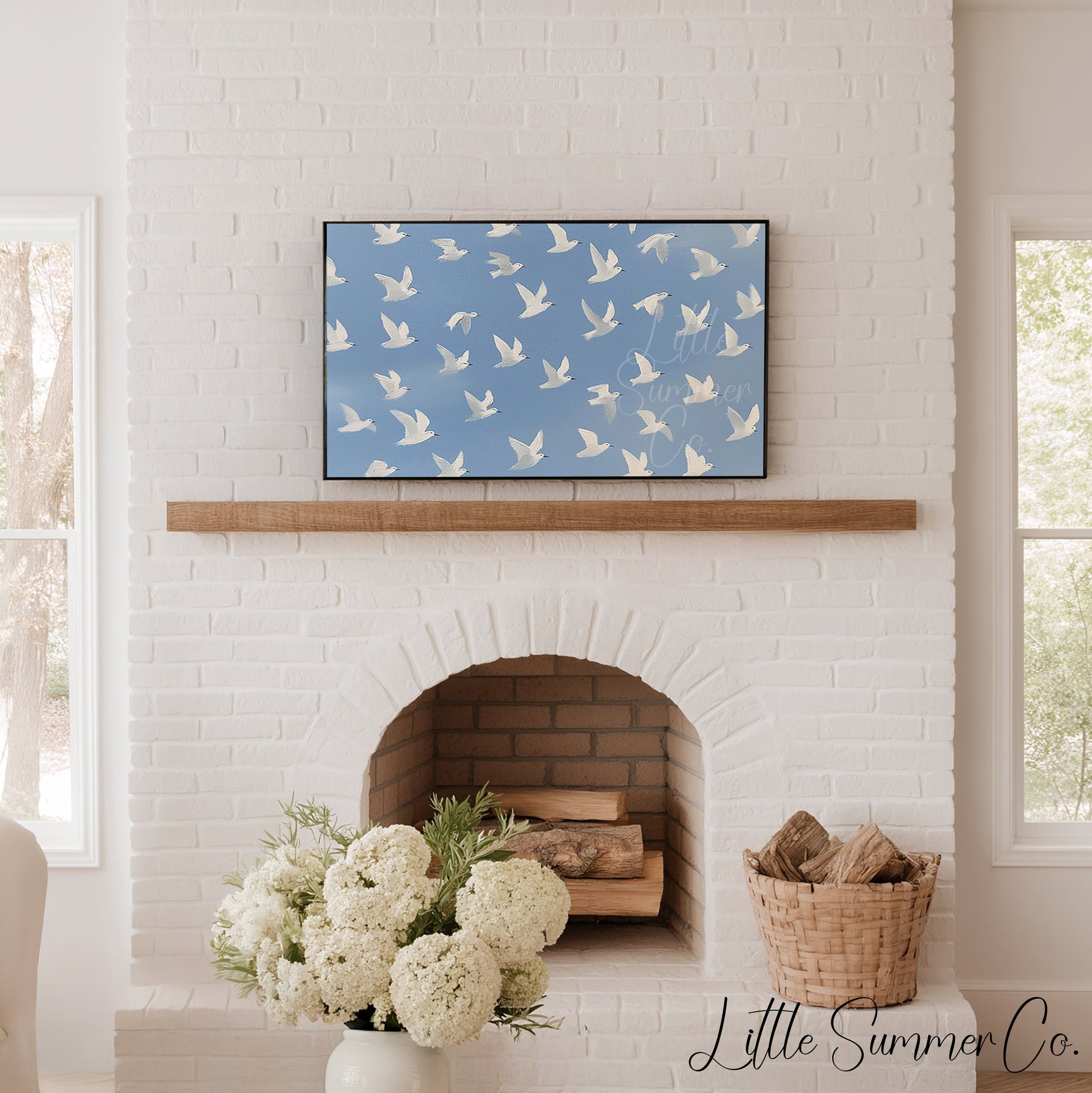 White Bird Flock Frame TV Art displayed on a TV