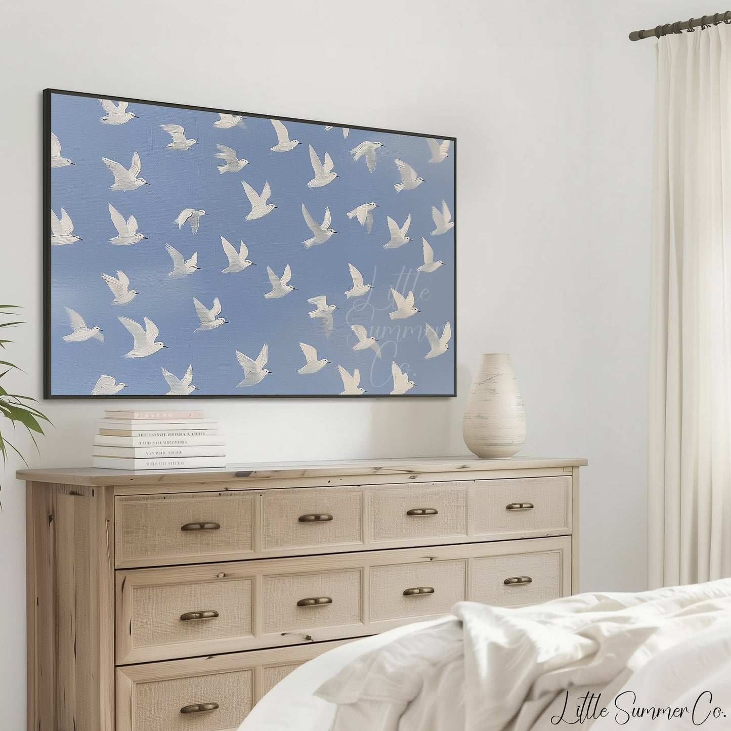 White Bird Flock Frame TV Art displayed on a TV