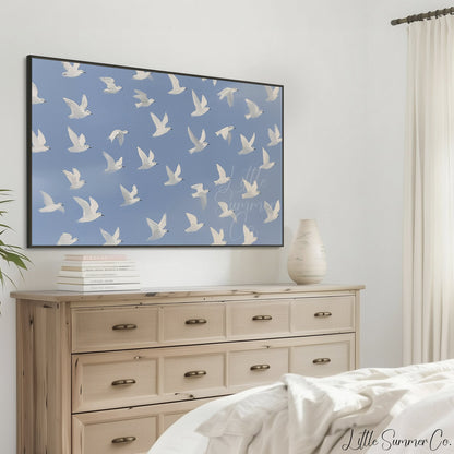 White Bird Flock Frame TV Art displayed on a TV