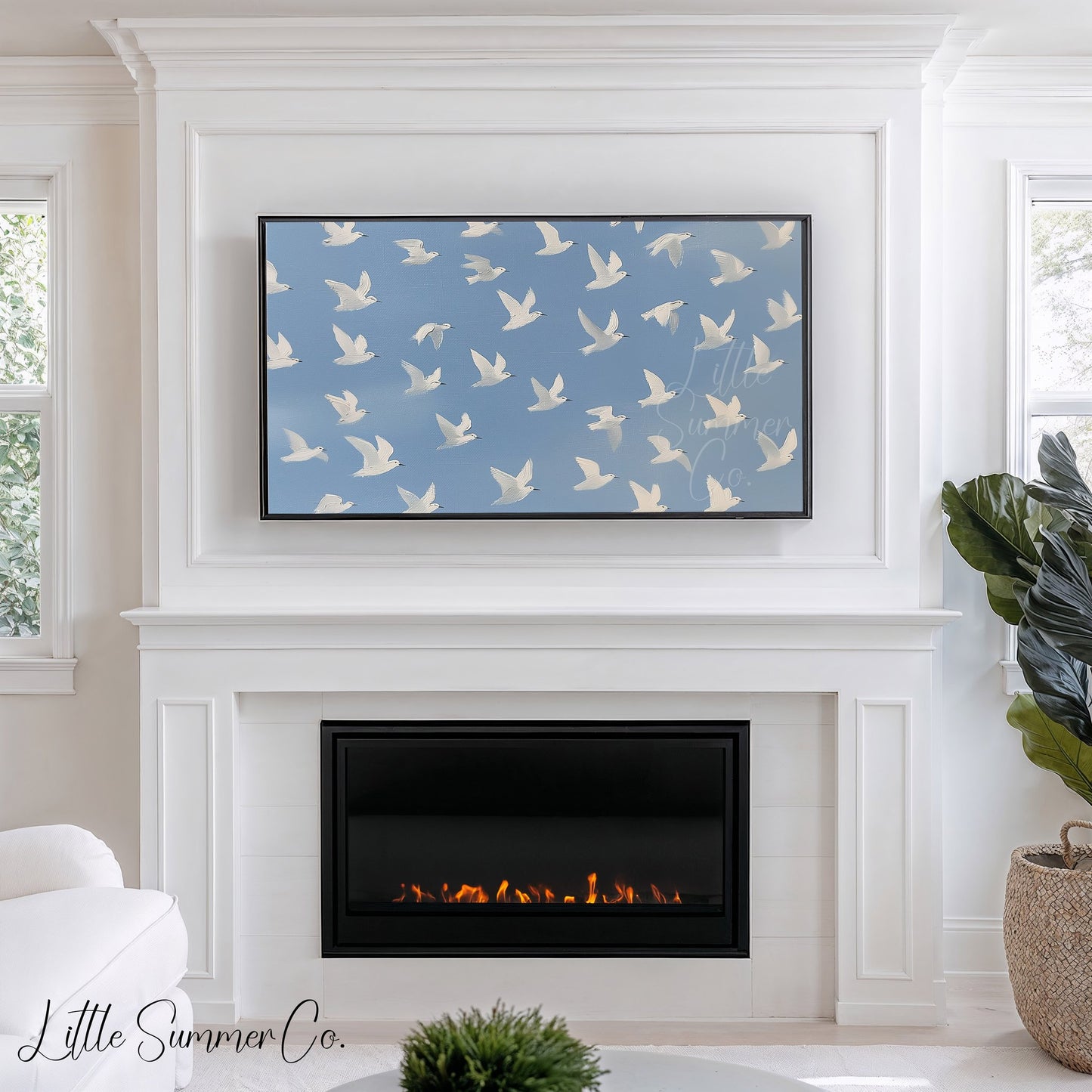 White Bird Flock Frame TV Art displayed on a TV