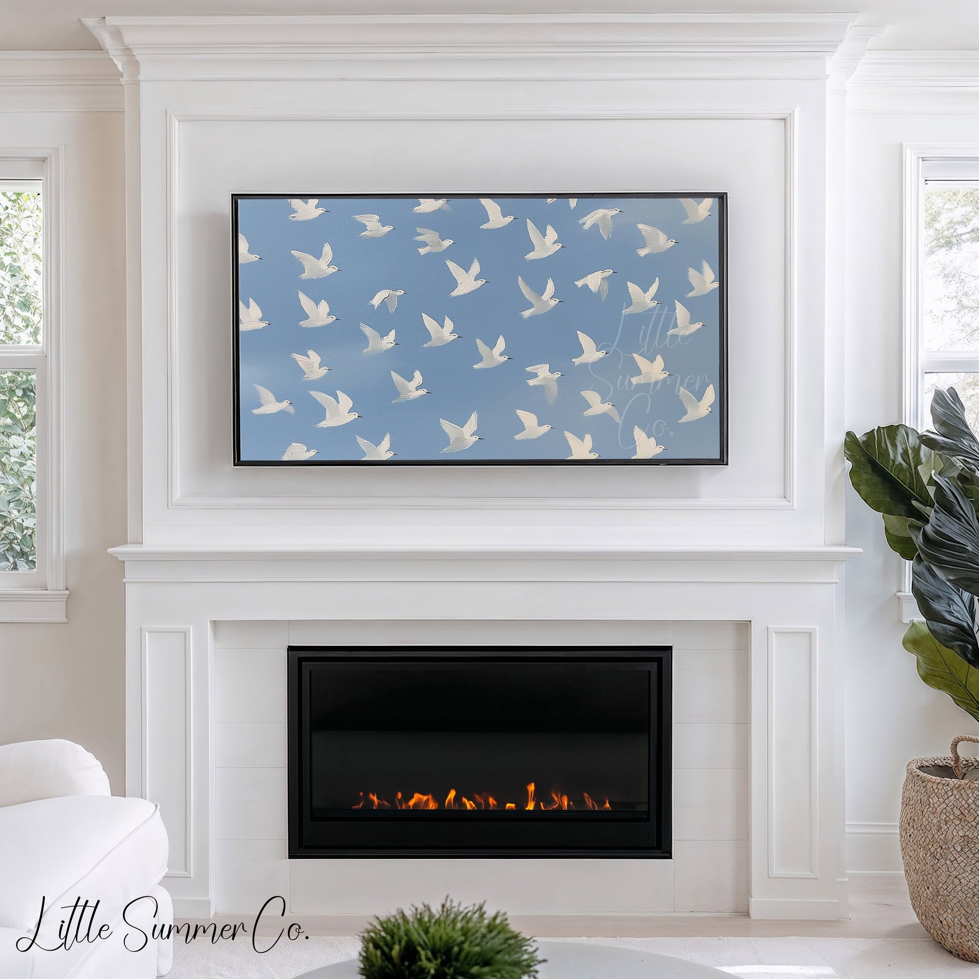 White Bird Flock Frame TV Art displayed on a TV