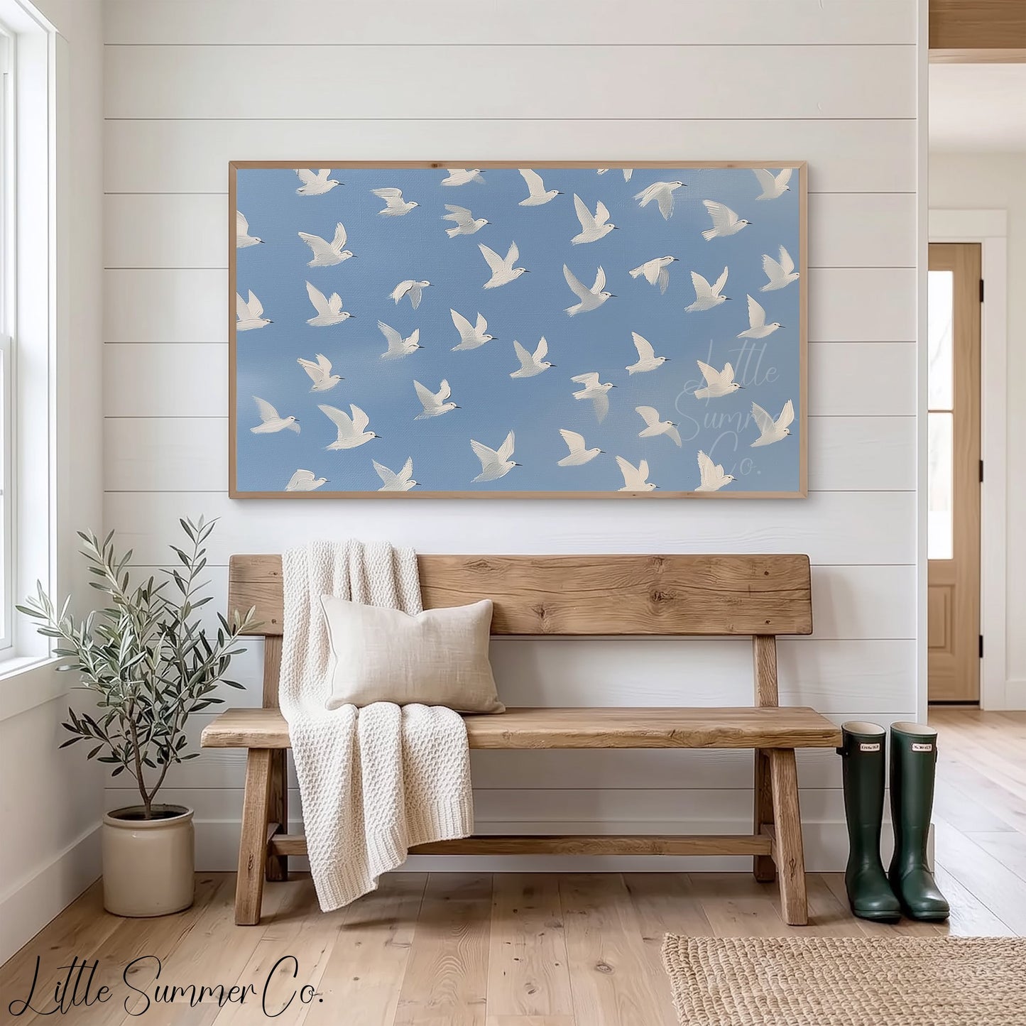 White Bird Flock Frame TV Art displayed on a TV