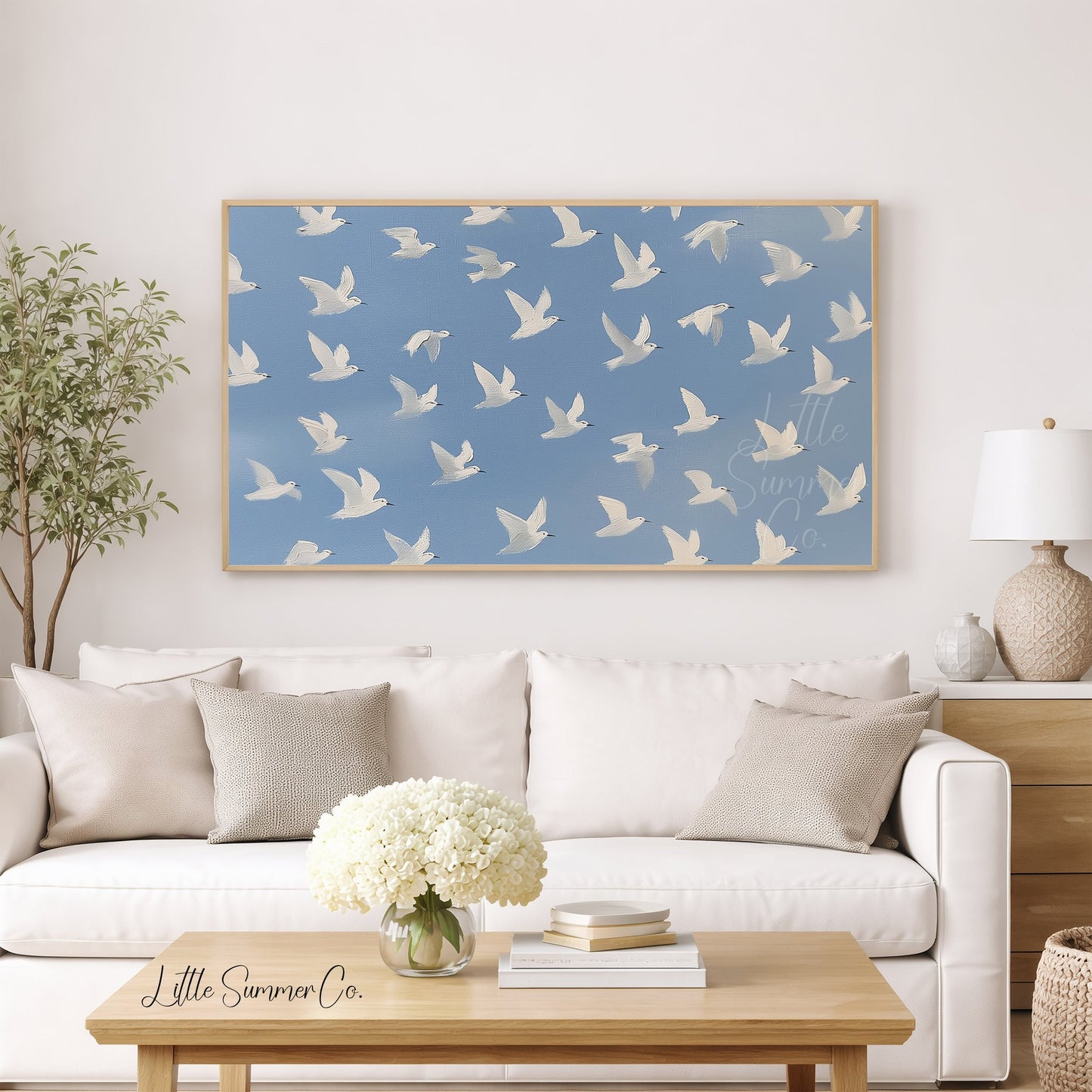 White Bird Flock Frame TV Art displayed on a TV