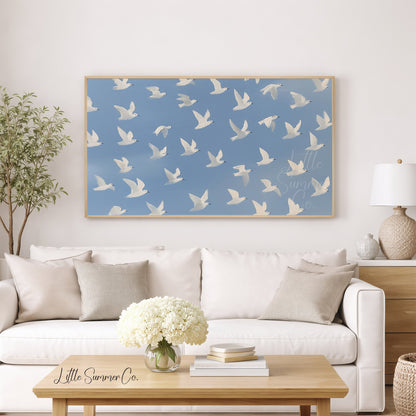 White Bird Flock Frame TV Art displayed on a TV