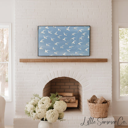 Flying White Birds Frame TV Art displayed on a TV