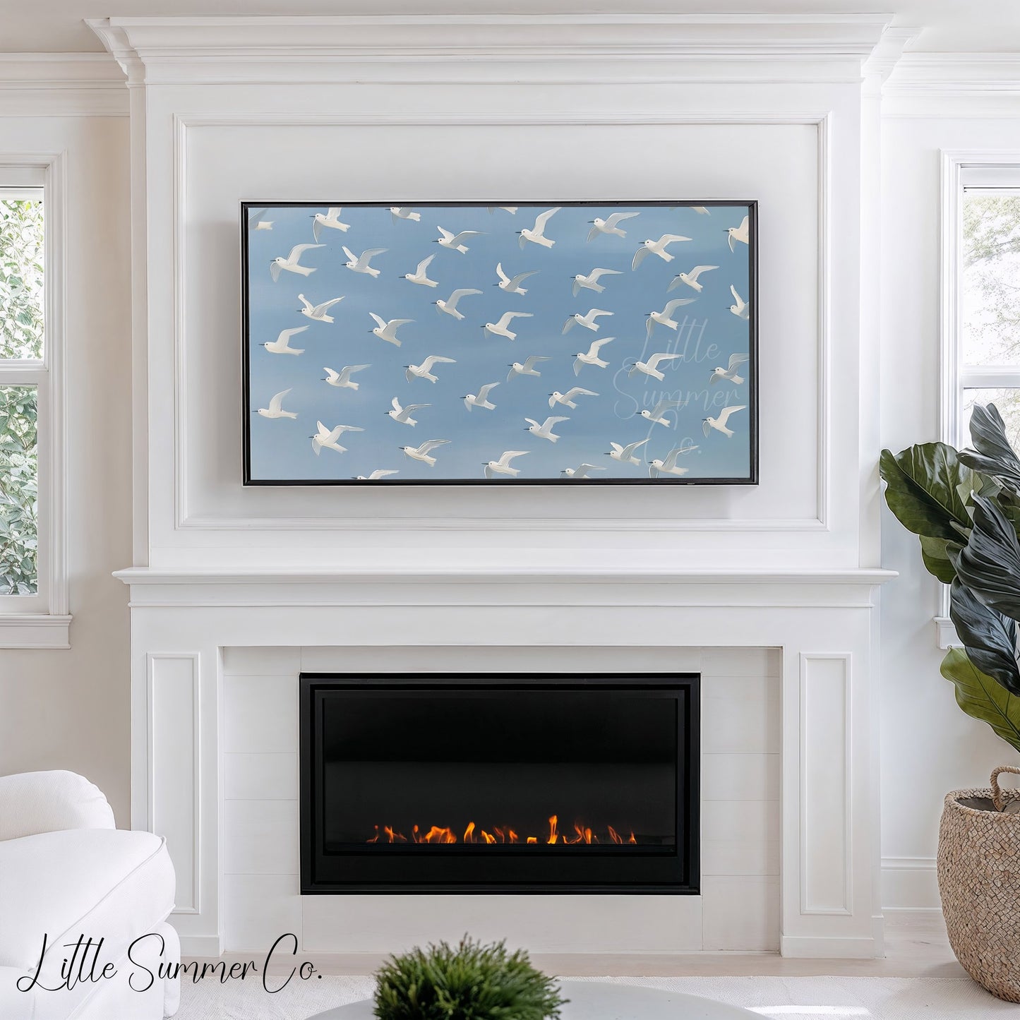 Flying White Birds Frame TV Art displayed on a TV