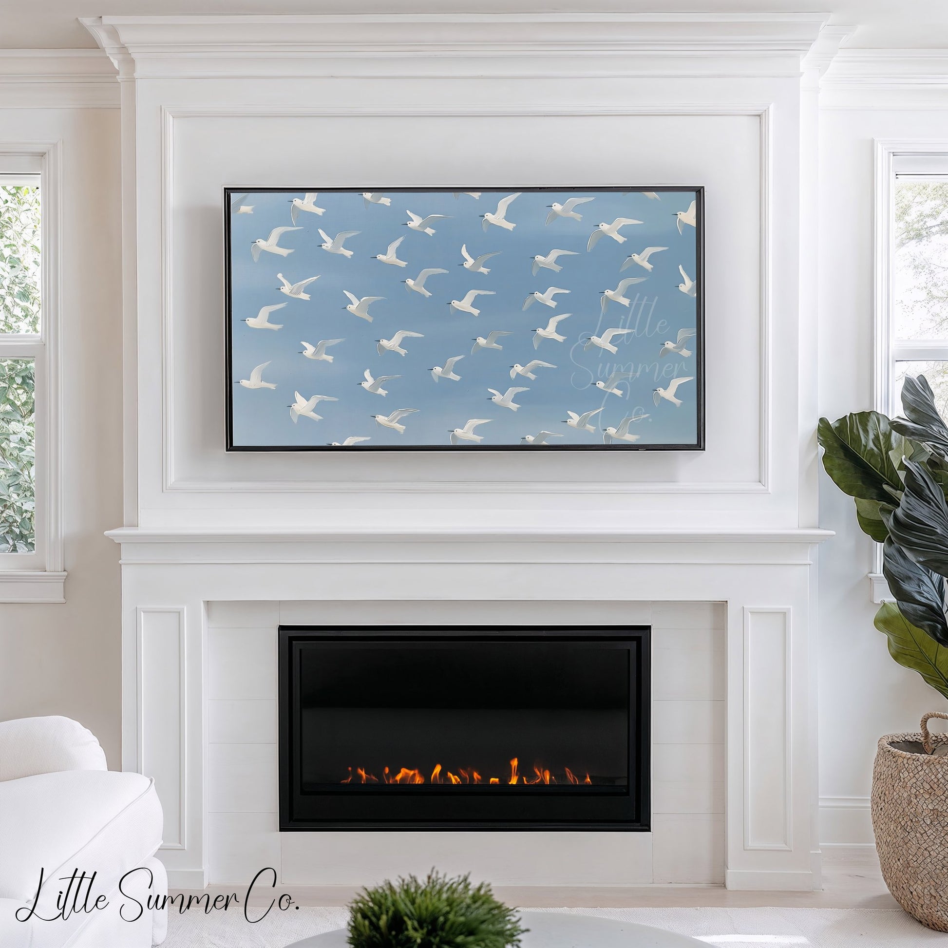Flying White Birds Frame TV Art displayed on a TV