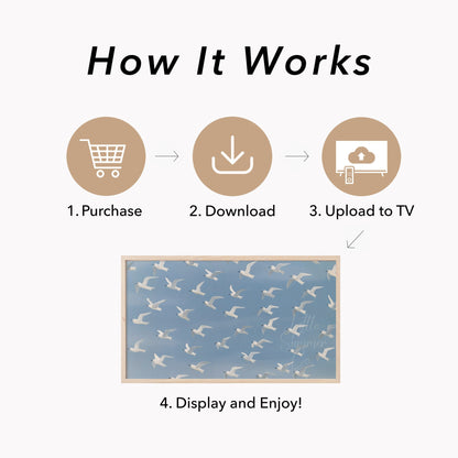 Flying White Birds Frame TV Art displayed on a TV