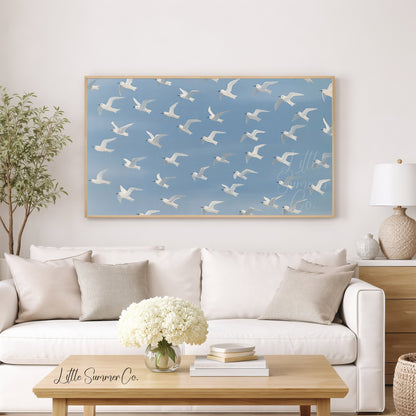 Flying White Birds Frame TV Art displayed on a TV