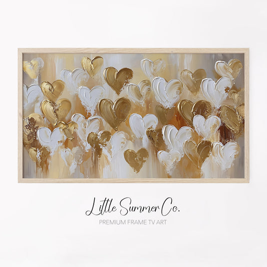 Gold White Hearts Frame TV Art displayed on a TV