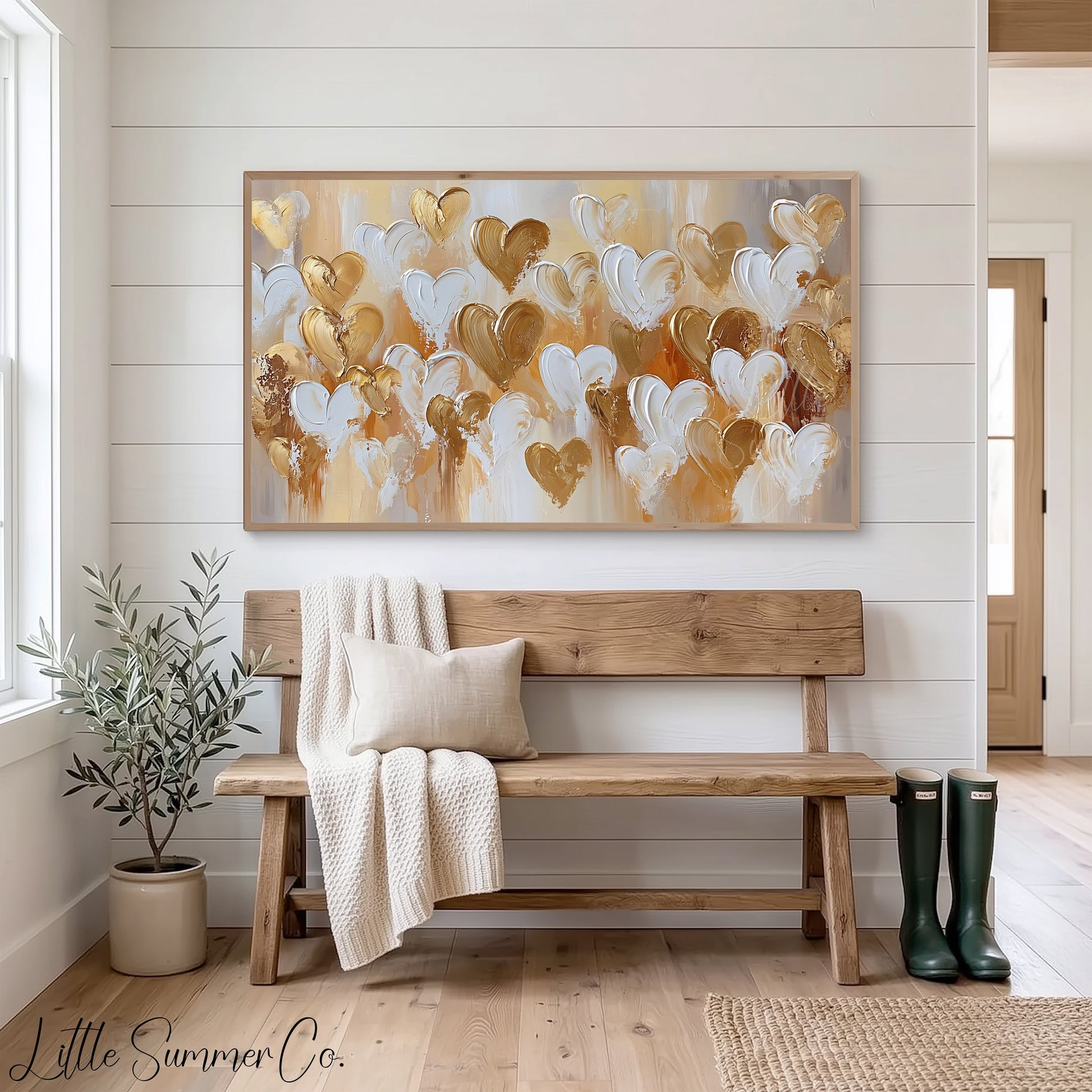 Gold White Hearts Frame TV Art displayed on a TV