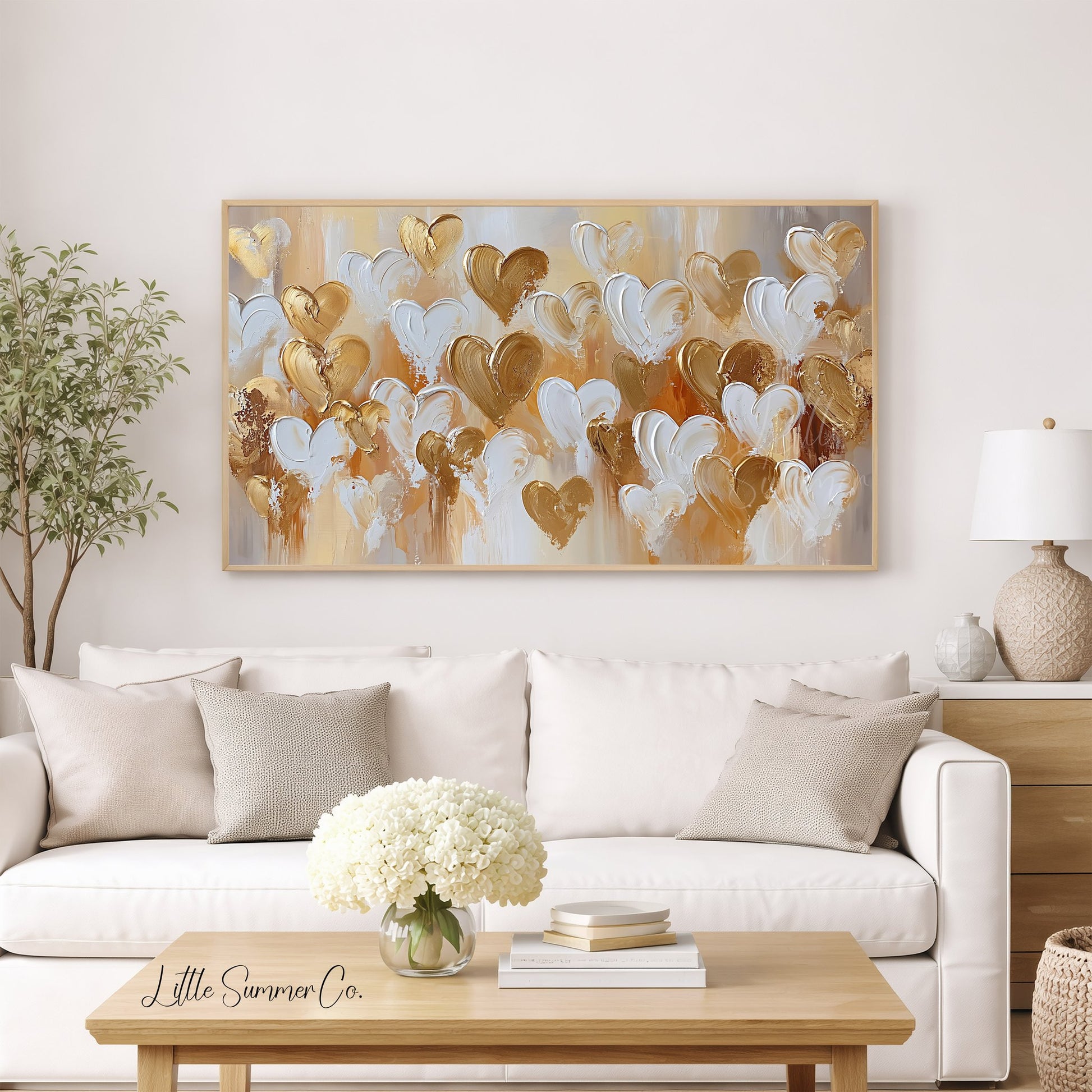 Gold White Hearts Frame TV Art displayed on a TV
