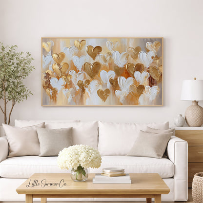 Gold White Hearts Frame TV Art displayed on a TV