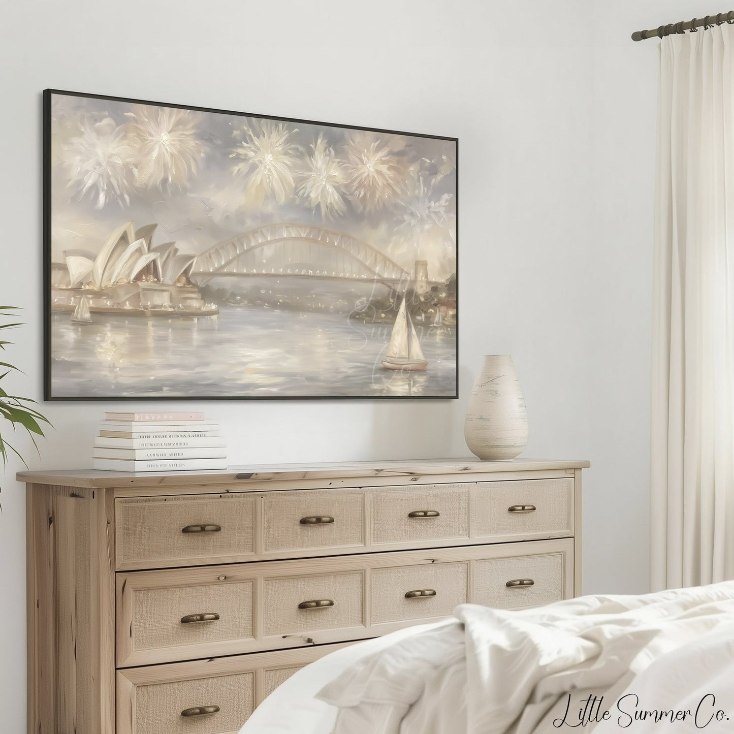 Sydney Harbour Fireworks Frame TV Art displayed on a TV