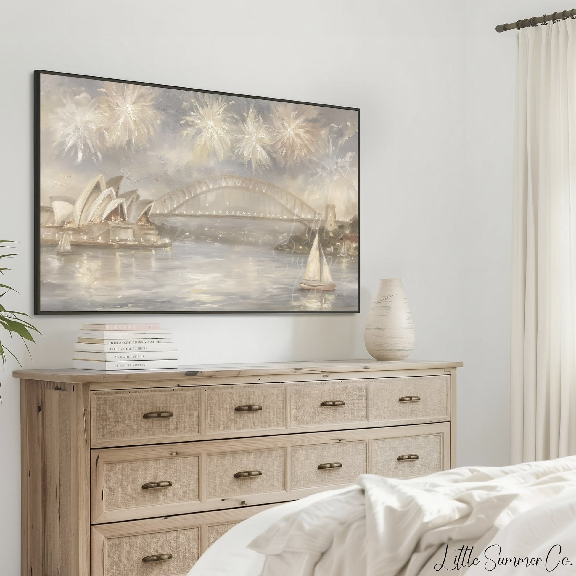 Sydney Harbour Fireworks Frame TV Art displayed on a TV