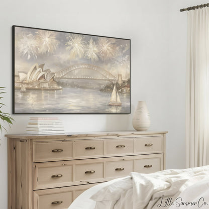 Sydney Harbour Fireworks Frame TV Art displayed on a TV