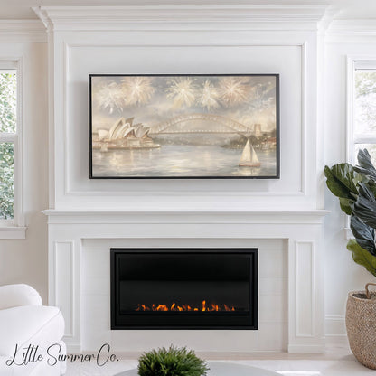 Sydney Harbour Fireworks Frame TV Art displayed on a TV