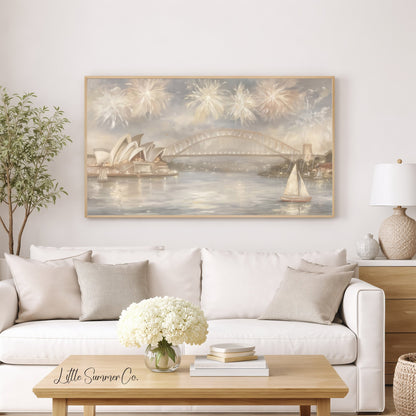 Sydney Harbour Fireworks Frame TV Art displayed on a TV