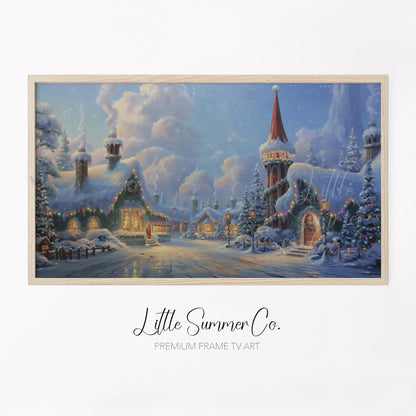 Snowy Christmas Village Frame TV Art displayed on a TV