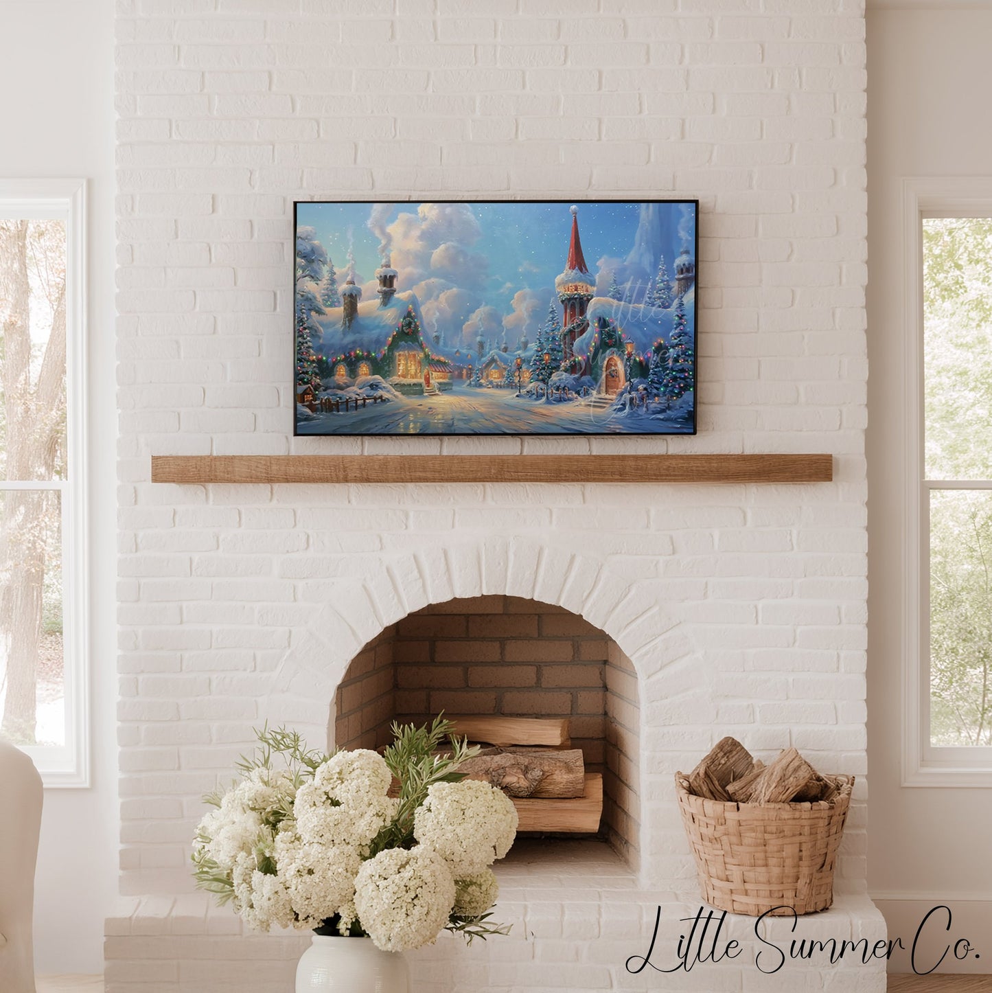 Snowy Christmas Village Frame TV Art displayed on a TV