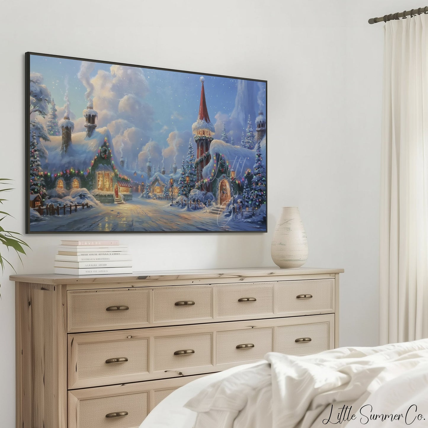 Snowy Christmas Village Frame TV Art displayed on a TV