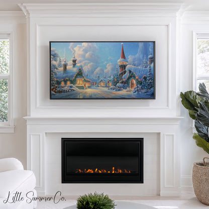 Snowy Christmas Village Frame TV Art displayed on a TV