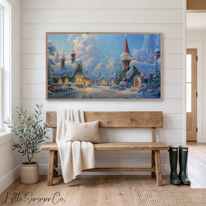 Snowy Christmas Village Frame TV Art displayed on a TV