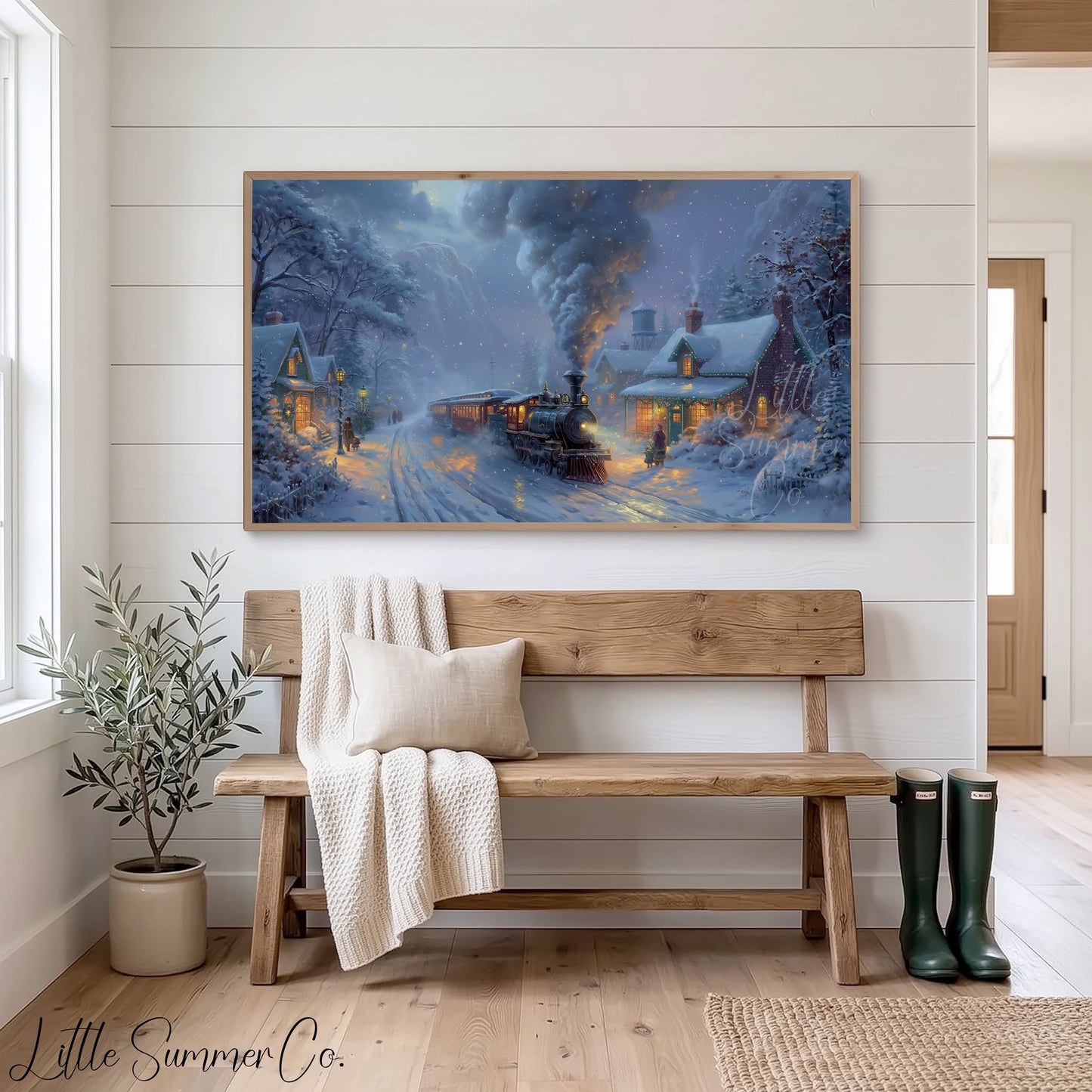 Christmas Train Village Frame TV Art displayed on a TV