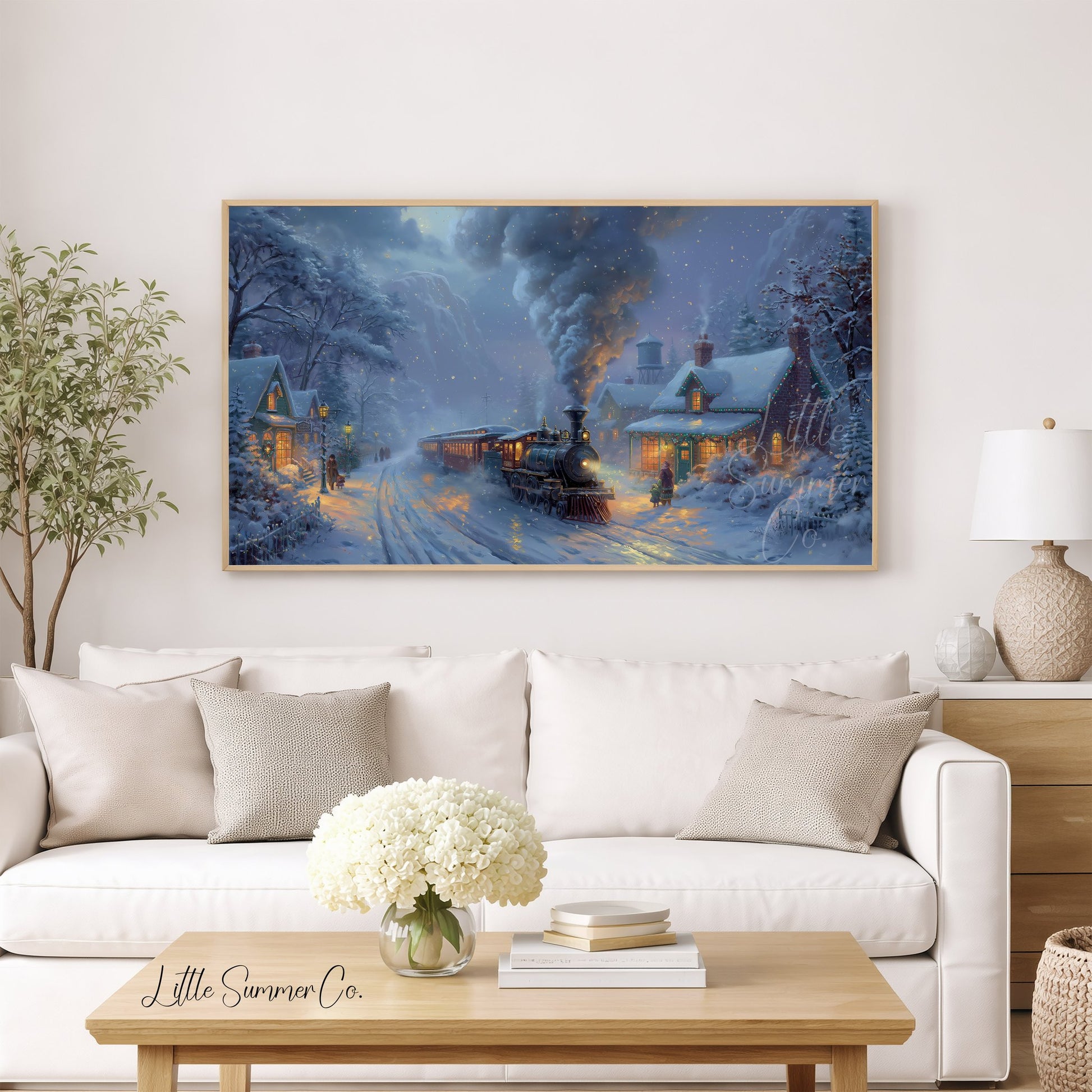 Christmas Train Village Frame TV Art displayed on a TV