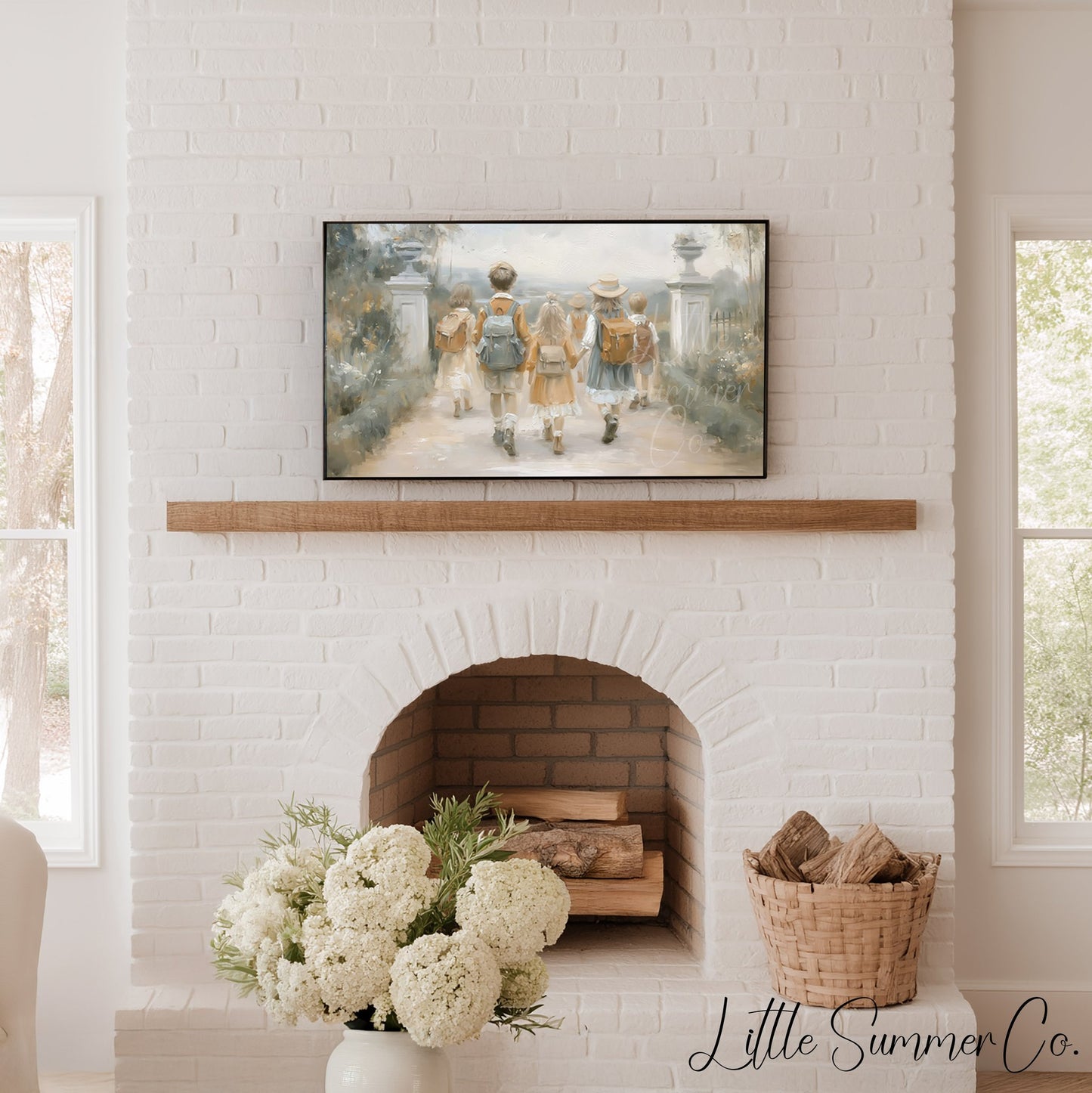 Children with Backpacks Frame TV Art displayed on a TV