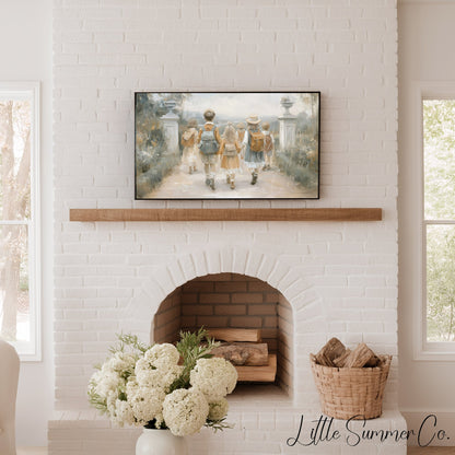 Children with Backpacks Frame TV Art displayed on a TV