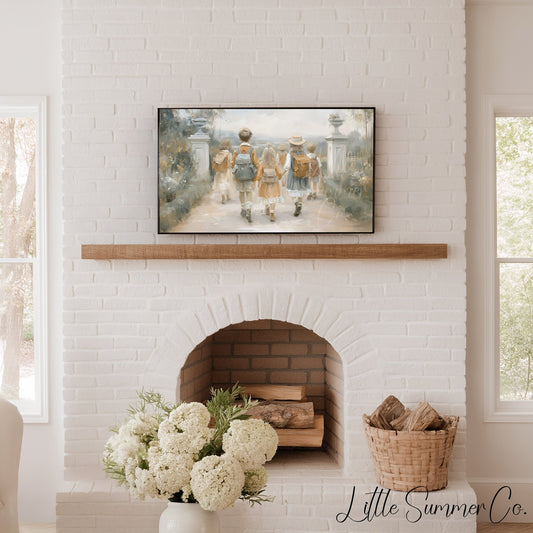 Children with Backpacks Frame TV Art displayed on a TV