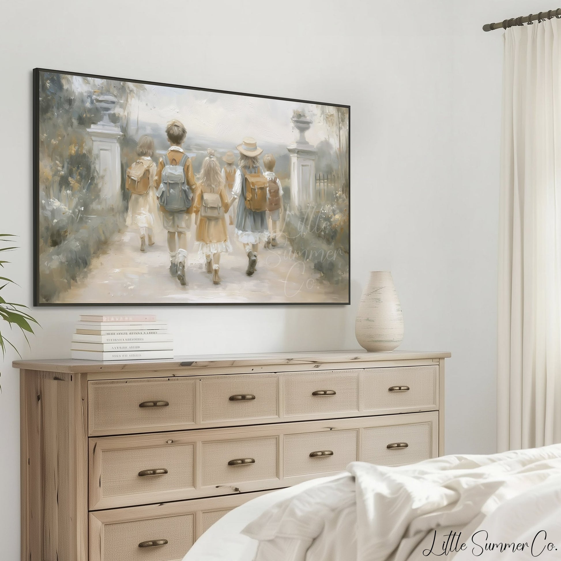 Children with Backpacks Frame TV Art displayed on a TV