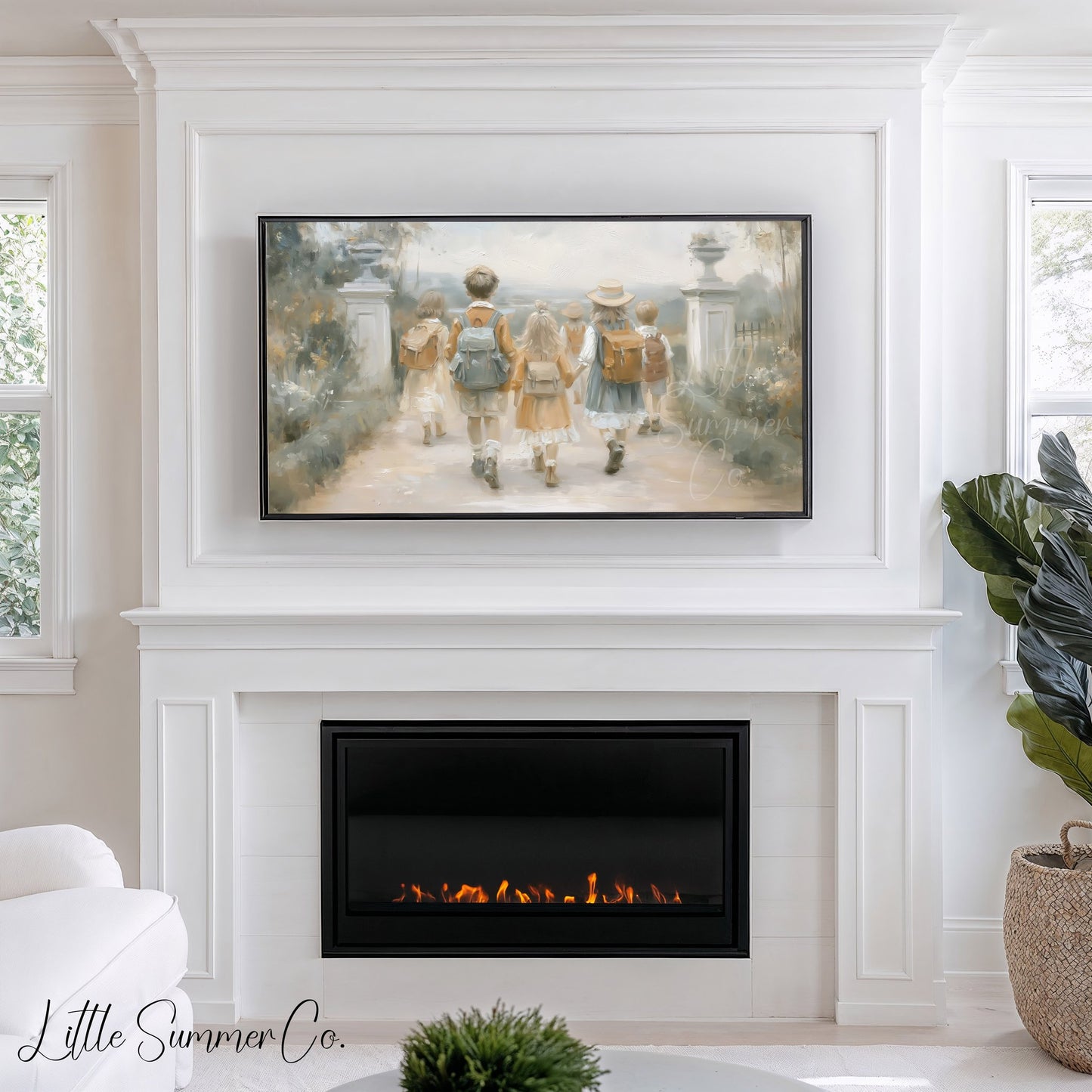Children with Backpacks Frame TV Art displayed on a TV