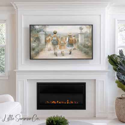 Children with Backpacks Frame TV Art displayed on a TV