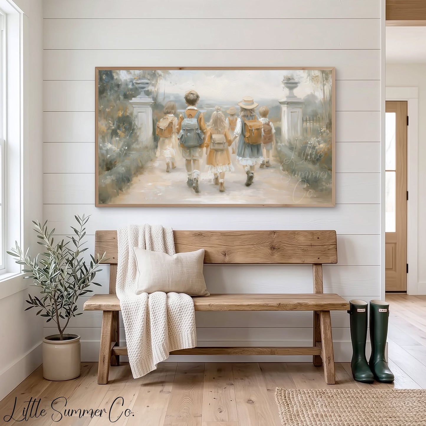 Children with Backpacks Frame TV Art displayed on a TV
