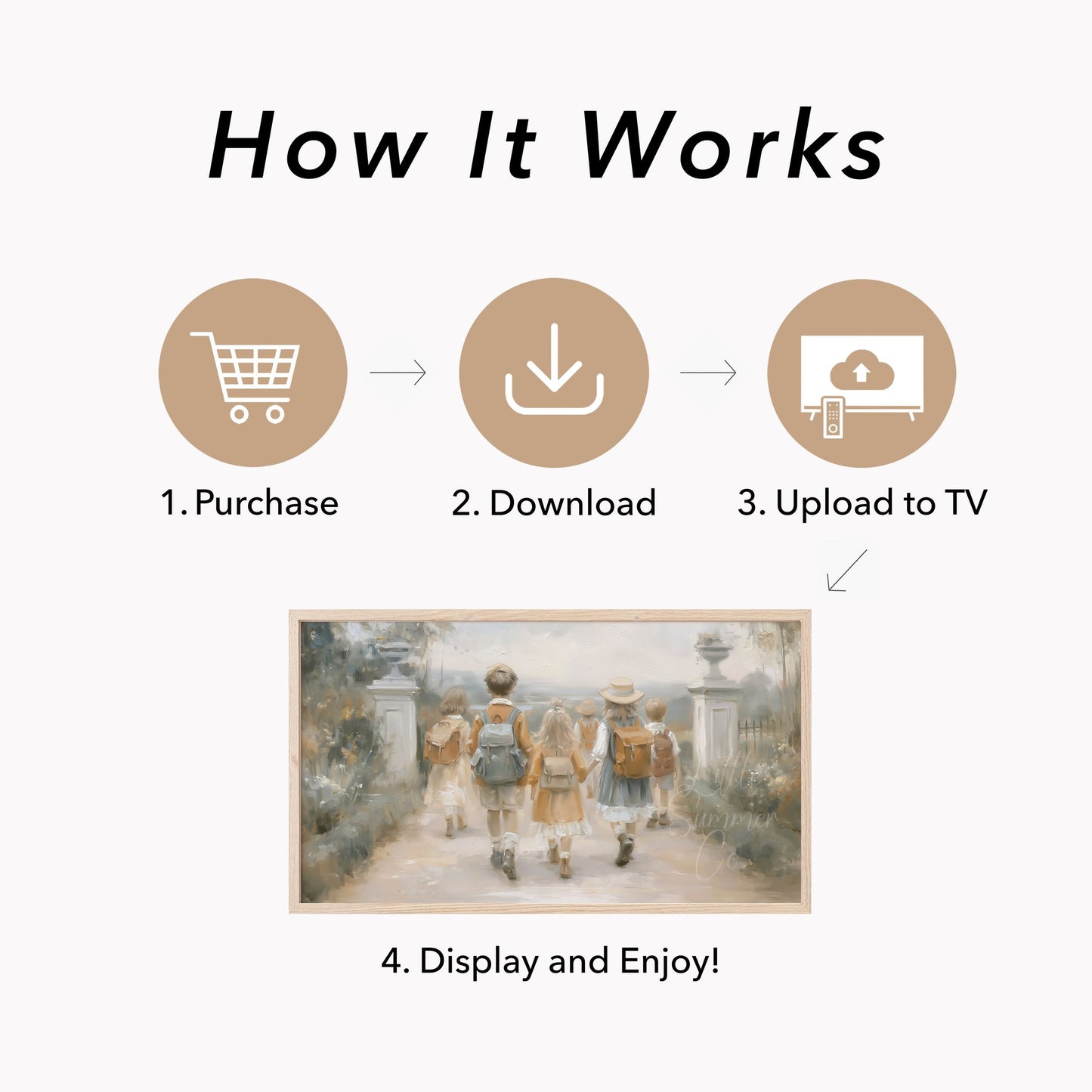 Children with Backpacks Frame TV Art displayed on a TV