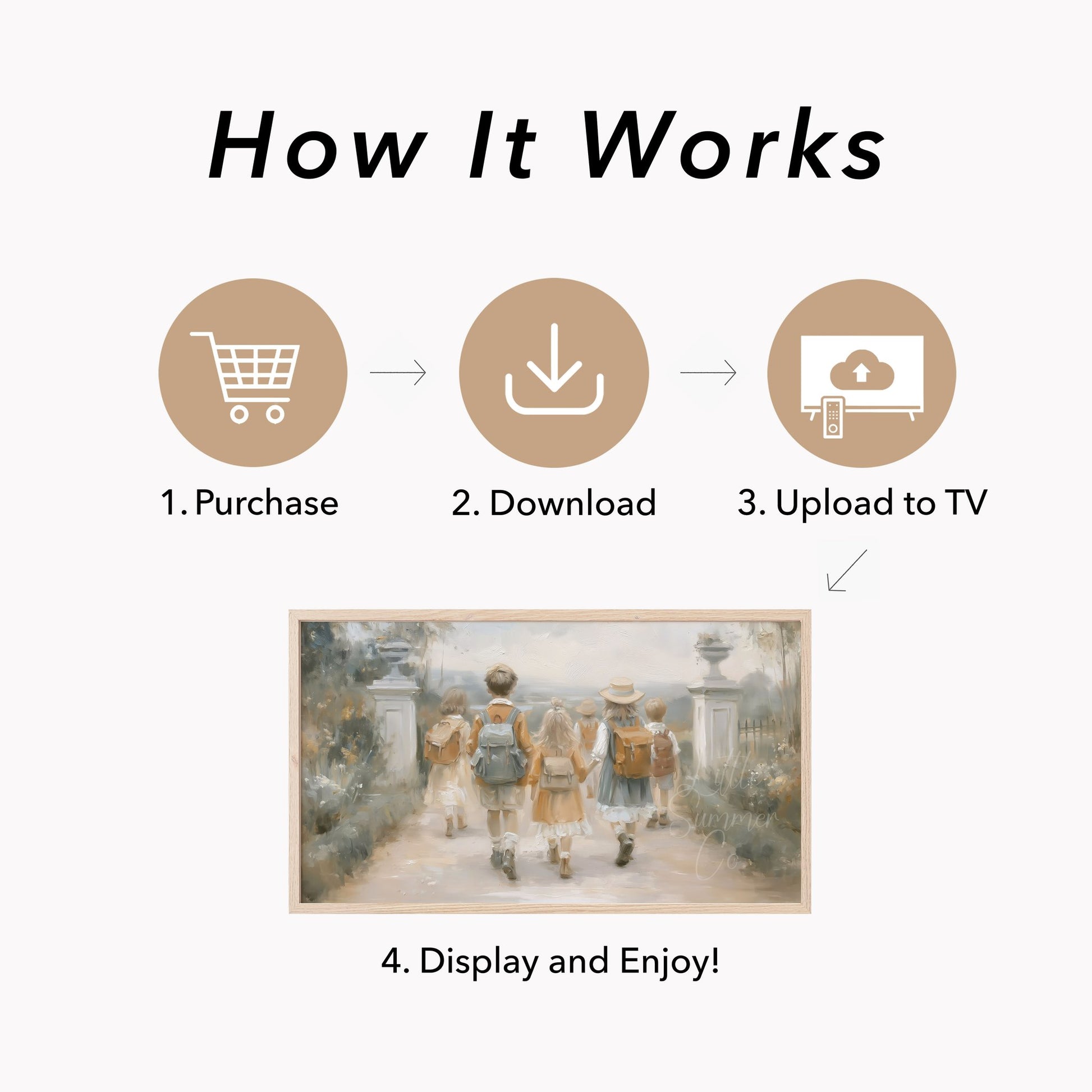 Children with Backpacks Frame TV Art displayed on a TV