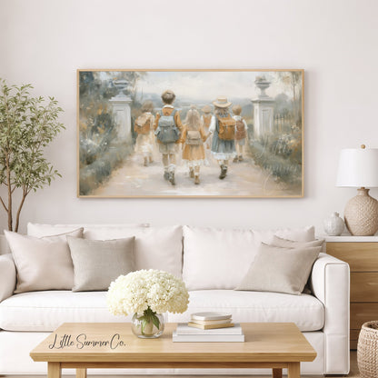 Children with Backpacks Frame TV Art displayed on a TV