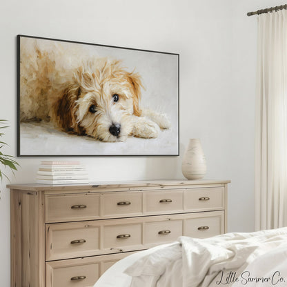 Curly Puppy Close Up Frame TV Art displayed on a TV