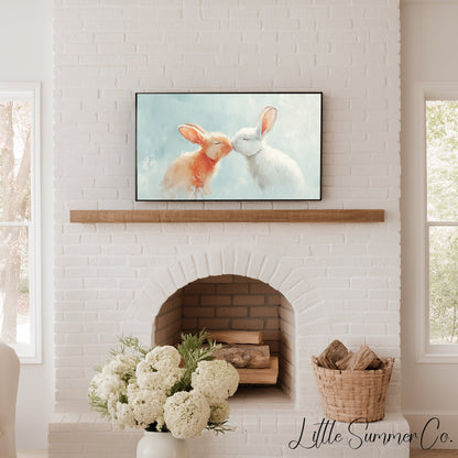 Kissing Bunnies Frame TV Art displayed on a TV