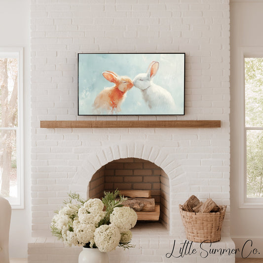 Kissing Bunnies Frame TV Art displayed on a TV