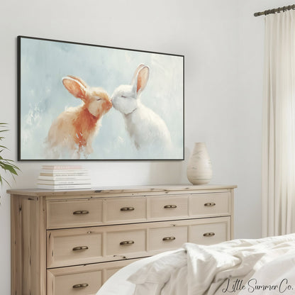 Kissing Bunnies Frame TV Art displayed on a TV
