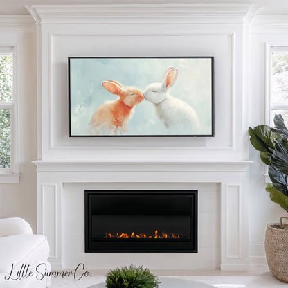 Kissing Bunnies Frame TV Art displayed on a TV