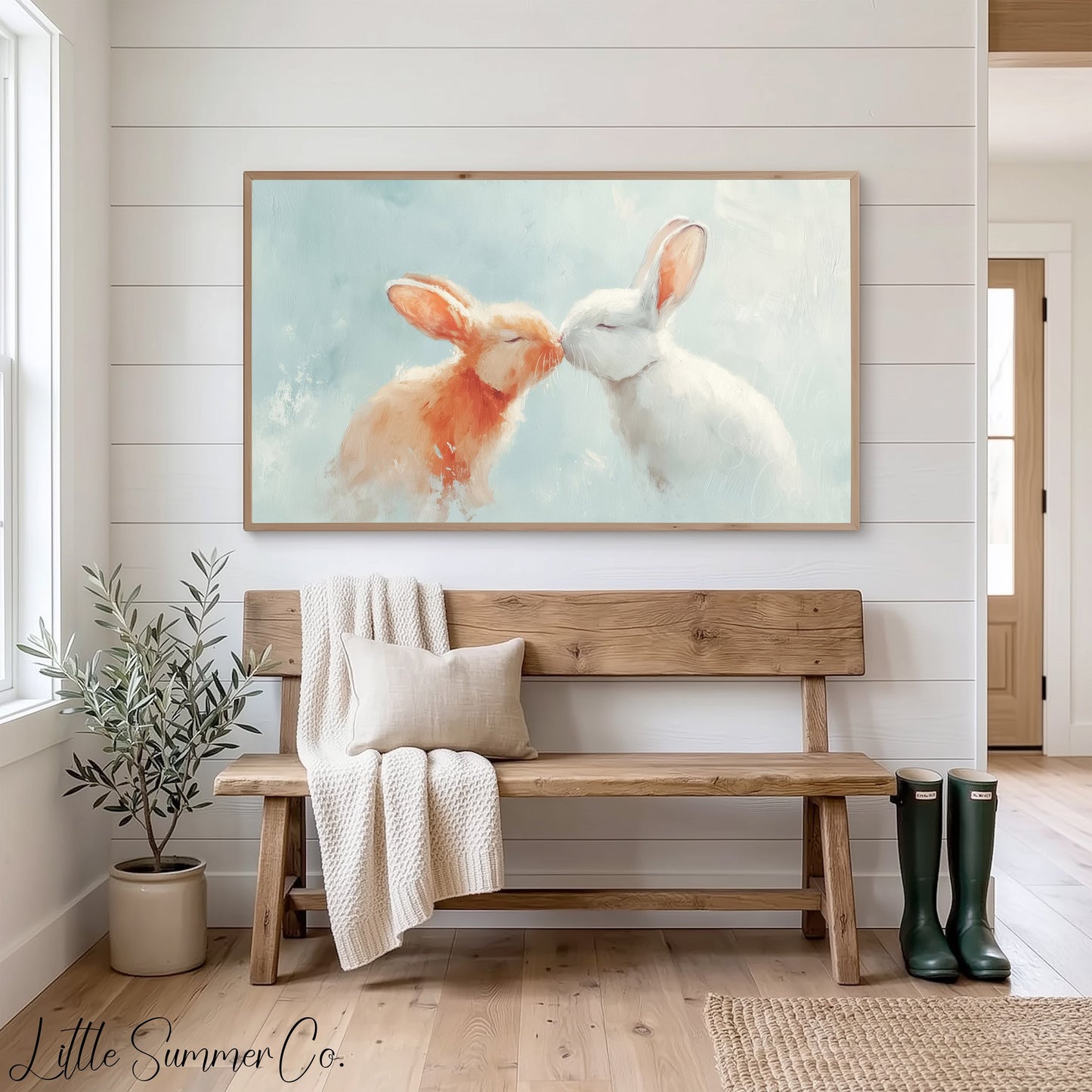 Kissing Bunnies Frame TV Art displayed on a TV