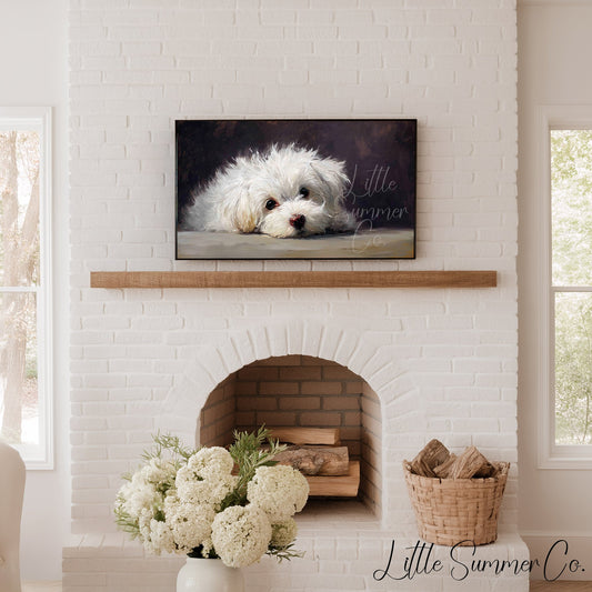 White Puppy Close Up Frame TV Art displayed on a TV