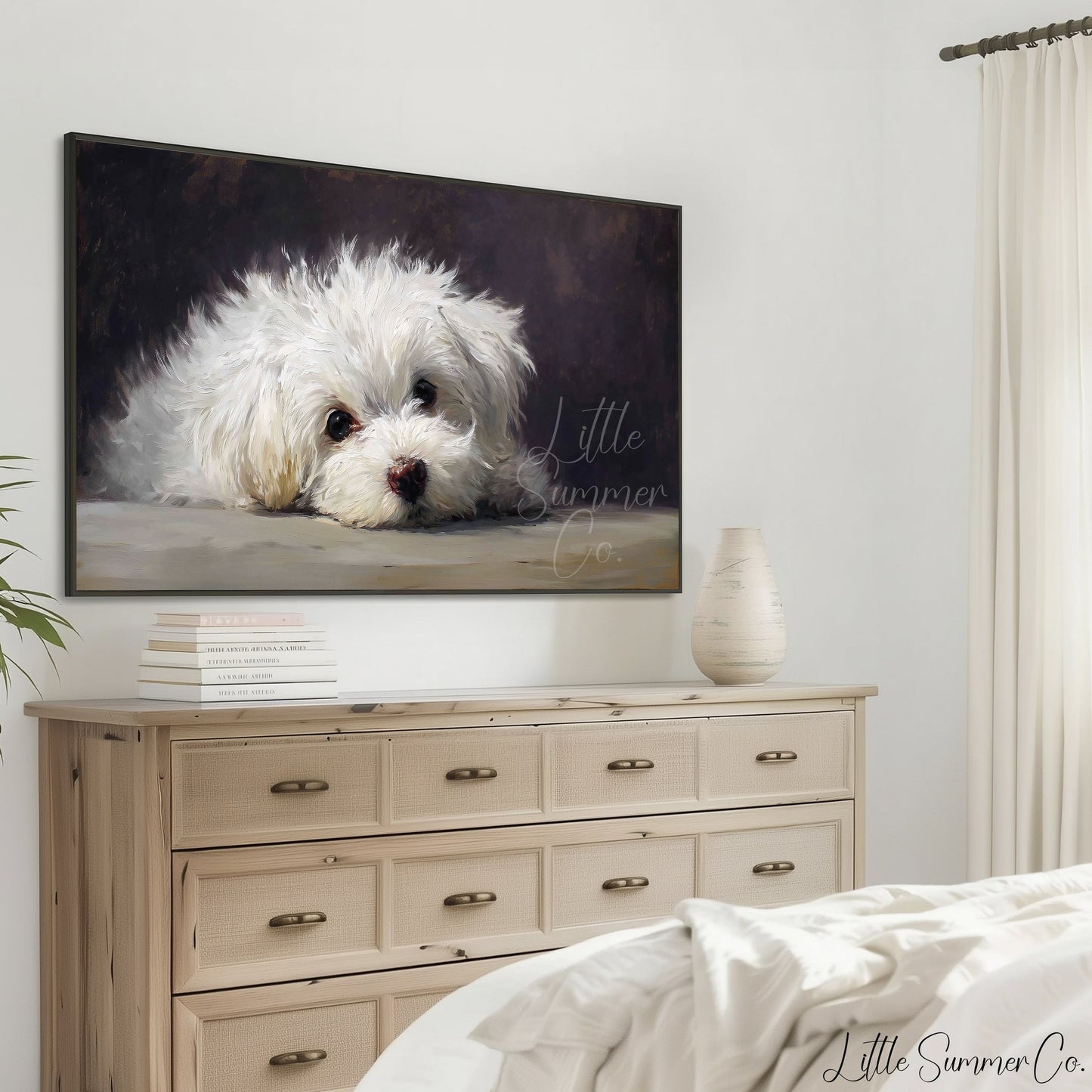 White Puppy Close Up Frame TV Art displayed on a TV