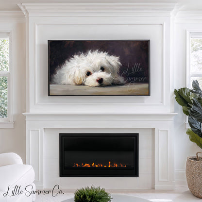 White Puppy Close Up Frame TV Art displayed on a TV