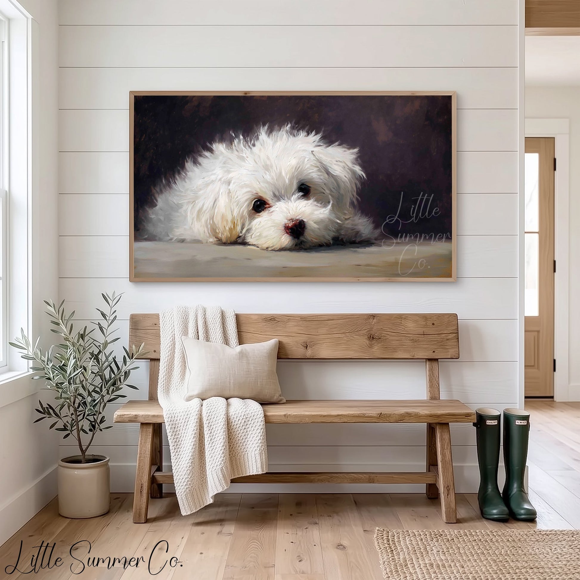 White Puppy Close Up Frame TV Art displayed on a TV