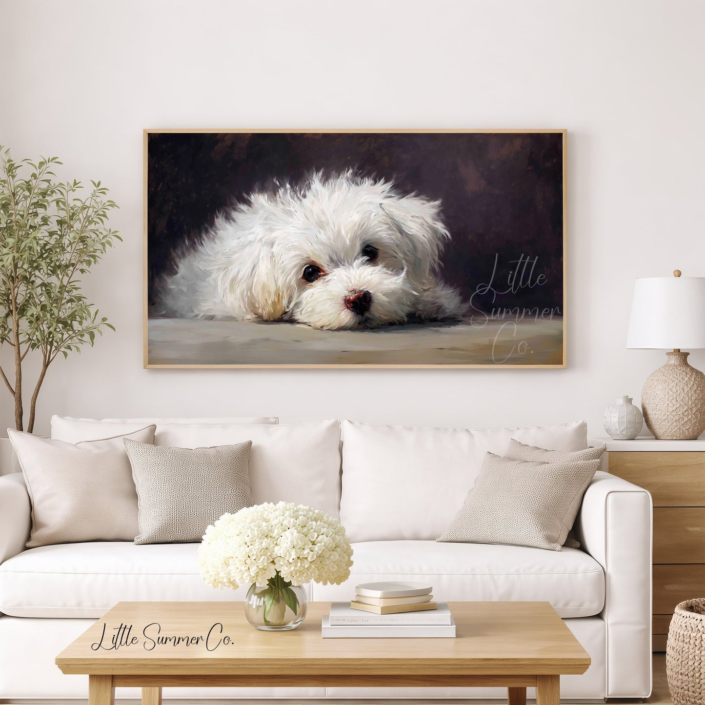 White Puppy Close Up Frame TV Art displayed on a TV